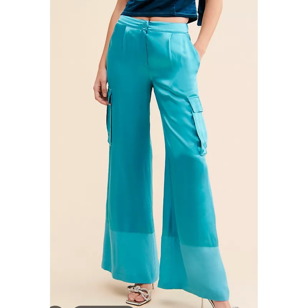 Corey Lynn Calter Turquoise Satin Wide Leg Cargo Pants High Rise Size M